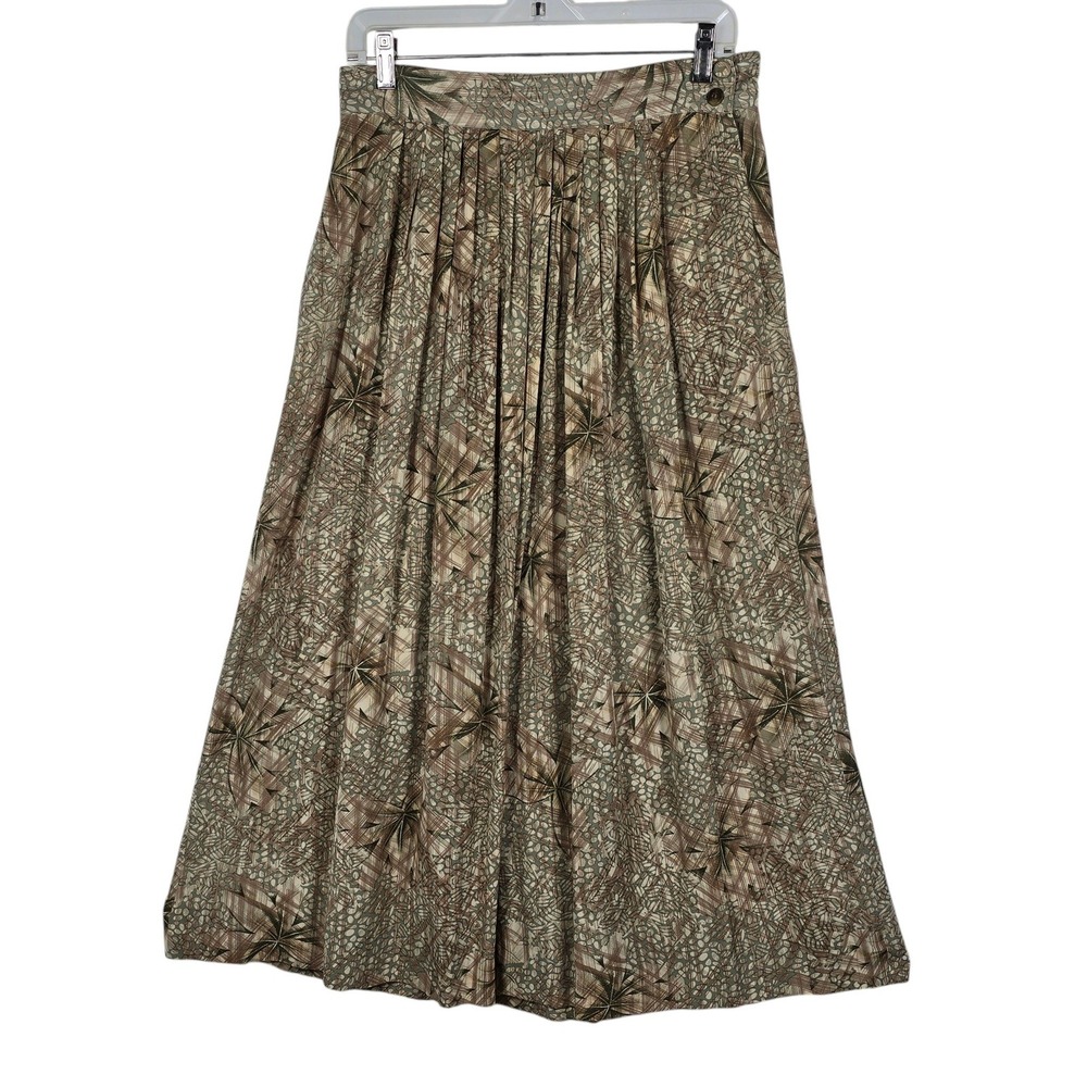 VTG Austin Reed 100% Silk Midi Skirt Green Tan Abstract Pleated Pockets Size 12